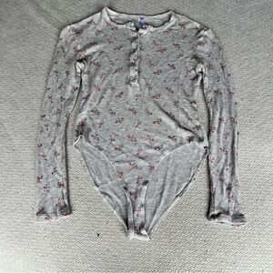 American Apparel Grey Pink Floral Pink Thermal Waffle Knit Henley Bodysuit M EUC